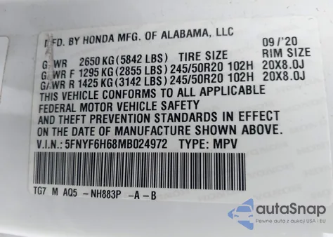 2021 Honda Pilot Awd Touring 7 Passenger z USA, uszkodzony, nr VIN 5FNYF6H68MB024972
